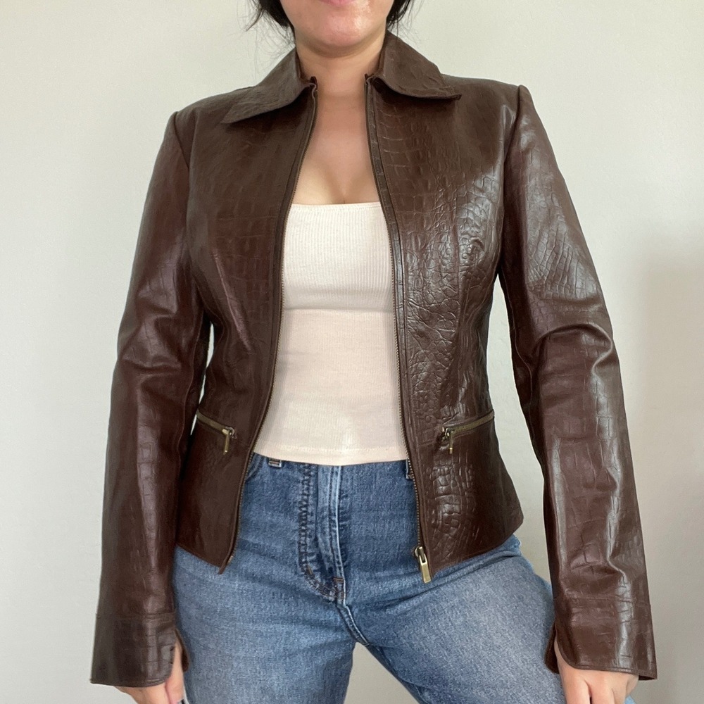 Express Leather Jacket Womens 6 Brown Croc Embossed Zip Front Collared Moto